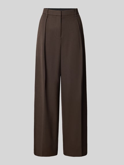 Produktfoto, Bundfaltenhose aus Viskose-Mix Modell 'LEO' von MANGO, relaxed Fit, Gesäßtaschen, braune Farbe, glatte Textur, neutrale Präsentation, Kontext: Damen Bundfaltenhose, Bundweite 43 cm, Innenbeinlänge 68 cm bei Größe 36