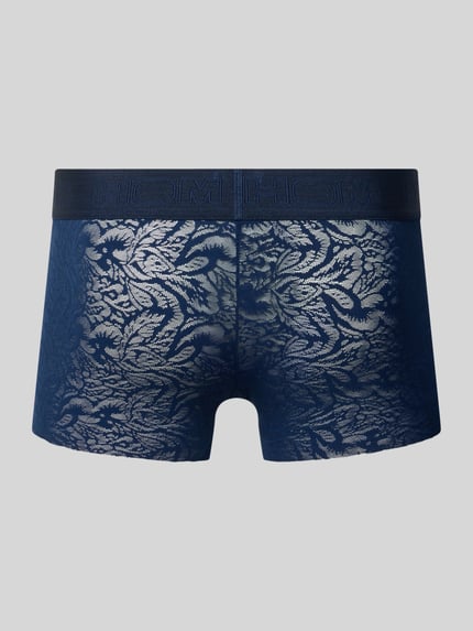 Produktfoto, Trunks met elastische band met logo van HOM, materiaalmix met stretch, nauwsluitend model, semi-transparante look, blauw met decoratief patroon