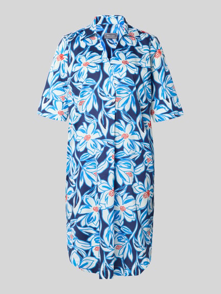 Produktfoto, Knielanges Hemdblusenkleid im Allover-Look von WHITE LABEL, Reine Baumwolle, Gerader-Schnitt, blaue Grundfarbe mit floralen Mustern.