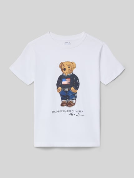 Produktfoto, Regular Fit T-Shirt aus reiner Baumwolle mit Polo Bear von Polo Ralph Lauren Kids, białe, jednokolorowe, krój regular fit, nadruk Polo Bear na przodzie, dekolt okrągły, krótki rękaw, wykonane z miękkiej bawełnianej dzianiny jersey