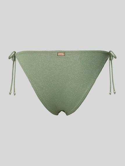 Produktfoto, grüner Bikini-Slip mit Glitter-Details und seitlicher Schnürung, körpernahe Passform, Modell 'MASSA SPARKLESUN' von Banana Moon, Material-Mix mit Stretch-Anteil
