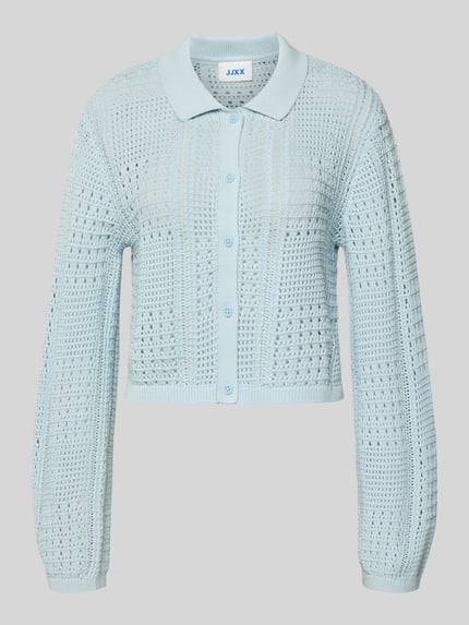Produktfoto, Regular Fit Cardigan mit Polokragen Modell 'Sue' von JJXX, kardigan z bawełny, krój regular fit, model 'Sue', kołnierzyk polo, z długim rękawem, listwa guzikowa, ażurowy wzór, elastyczne zakończenia rękawów, długość tyłu w rozmiarze S: 43 cm, długość rękawów w rozmiarze S: 63 cm