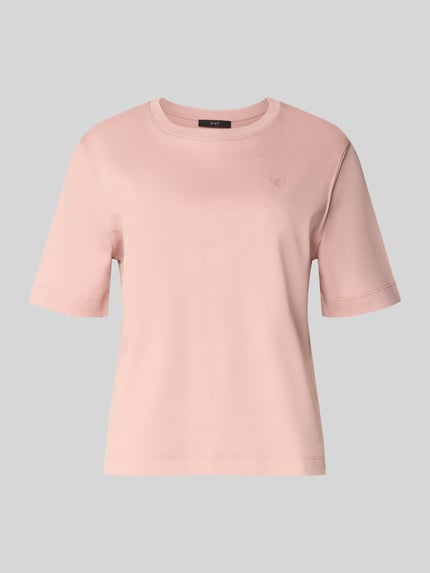 Produktfoto, T-Shirt mit Rundhalsausschnitt und Label-Stitching von Oui, różowy kolor, czysta bawełna, krój regular fit, długość pleców w rozmiarze 36: 56 cm
