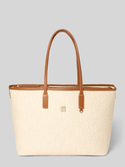 Productfoto, Shopper met logo-detail model 'MONOPLAY LEATHER' van Tommy Hilfiger in effen beige lederlook met all-over motief, hoofdvak, afneembaar ritsvak, kunstleer