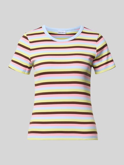 Produktfoto, Slim Fit T-Shirt aus Baumwoll-Mix Modell 'MAY' von Pieces, bunt gestreift, feine Rippenstruktur, Damen T-Shirt