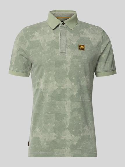 Produktfoto, Slim Fit Poloshirt mit Label-Patch von PME Legend aus Reine Baumwolle im Allover-Look, Knopfleiste, grüne Farbtöne, Rückenlänge bei Größe M 74 cm