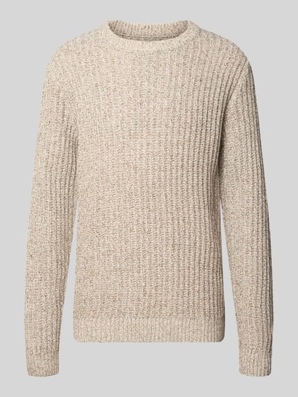 Produktfoto, Pullover mit Label-Detail von JACK & JONES in Strickoptik, unifarben, Struktur-Muster, Rundhals, Rippstrick-Abschlüsse