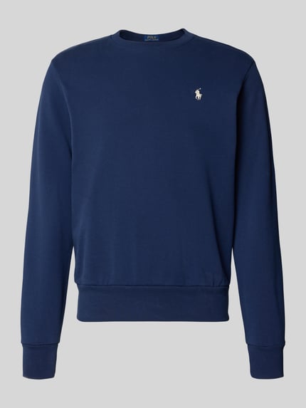 Produktfoto, Relaxed Fit Sweatshirt aus reiner Baumwolle von Polo Ralph Lauren w kolorze granatowym, jednolity, logo-detail, krój relaxed fit, dekolt typu crew neck, długi rękaw, ściągacze przy rękawach i u dołu, materiał: czysta bawełna, wykonanie typu sweat.