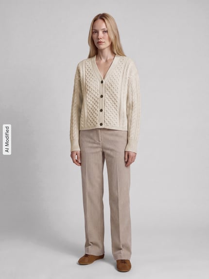 Frauenmodel trägt Regular Fit Strickjacke aus reiner Wolle Modell 'PRIMO' von Max Mara, cremefarben, Damen Strickjacke von Weekend Max Mara, Ganzkörperansicht von vorne, KI-modifiziertes Bild.