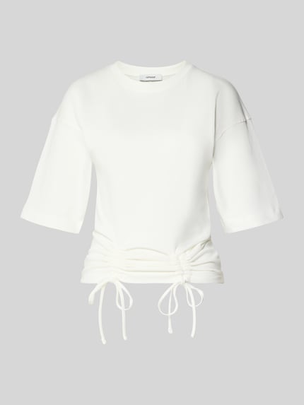 Produktfoto, t-shirt z bawełny o prostym kroju Topshop, model 'MALLE', okrągły dekolt, wiązane marszczenia, biały kolor, długość tyłu 66 cm w rozmiarze S