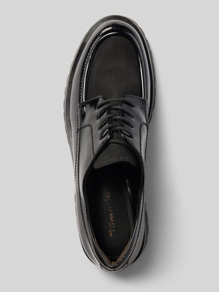 Productfoto, zwarte Schnürschuhe met labelprint van Tamaris, glad en glanzend met matte textuur, Dames veterschoenen van Tamaris