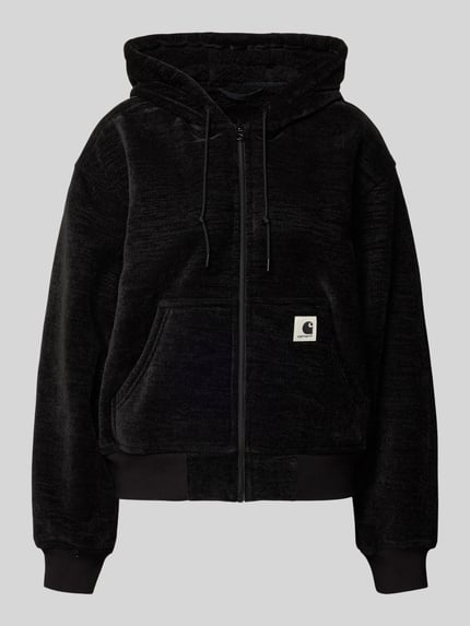Produktfoto, Sweatjacke mit Reißverschluss und Känguru-Tasche von Carhartt Work In Progress, schwarz, samtige Textur, Label-Patch, Damen, Regular Fit, Kapuze mit Tunnelzug, Rückenlänge 60 cm, Schulterbreite 50 cm, Brustweite 48 cm, Ärmellänge 70 cm