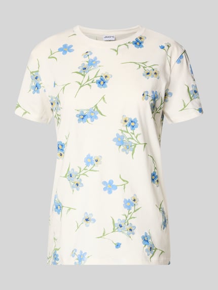Produktfoto, cremefarbenes T-Shirt im Allover-Look mit blau-grünem Blumenmuster, Rundhalsausschnitt, Regular Fit, reine Baumwolle, Jake*s Casual