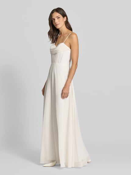 Modelka prezentuje sukienkę gorsetową 'Corsagenkleid mit Spaghettiträgern' od Laona z Szyfonu, Linia a, Długa sukienka, cienkie ramiączka, Długość tyłu w rozmiarze 36: 130 cm, Szerokość w rozmiarze 36: 34 cm; jasny kolor, gładka tkanina, widoczne cięcia, Ganzkörperansicht von vorne.