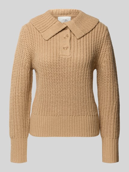 OPUS Sweter z dzianiny z prążkowanymi wykończeniami model ‘Proyer’ Camel 2