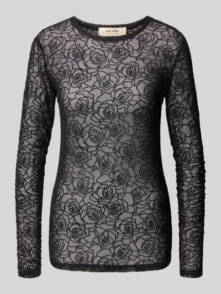 Produktfoto, Longsleeve aus Mesh Modell 'Rose' von MOS MOSH in Schwarz, semitransparent, floral gemustert, Damen Slim Fit, Rundhalsausschnitt