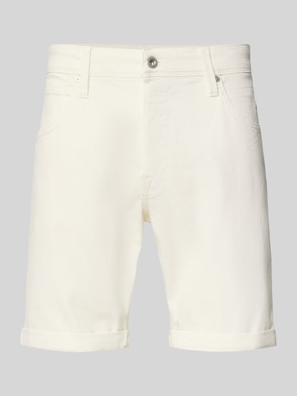 Produktfoto, weiße Regular Fit Jeansshorts Modell 'RICK' von Jack & Jones aus Baumwoll-Mix mit Stretch, sichtbare Eingrifftaschen.