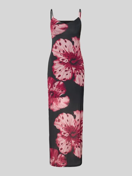 Produktfoto, Schmales Freizeitkleid mit Allover-Muster Modell 'MAGDA' von Only aus Chiffon, kwiatowy wzór, midi, dekolt w serek, cienkie ramiączka, czarny z czerwonymi i różowymi kwiatami, tekstura lekko przezroczysta