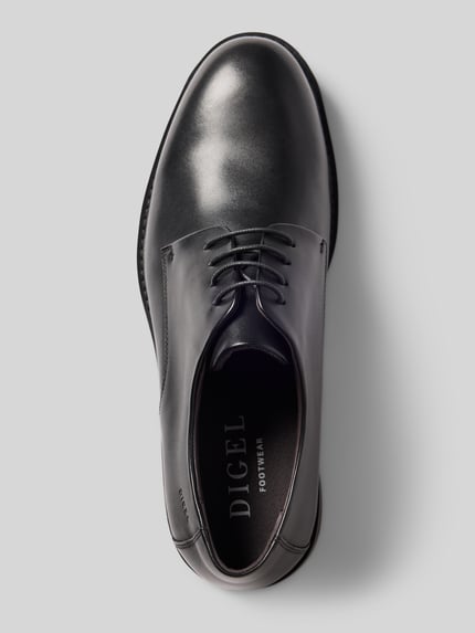 Produktfoto, Schnürschuh aus Leder mit Label-Prägung Modell 'Soft' von DIGEL in Schwarz, abgerundete-Spitze, leicht strukturierte Sohle, Schnürverschluss, Absatzhöhe 3 cm, Schafthöhe 7 cm, Schaftweite 11 cm.