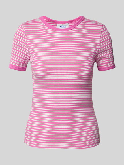 Productfoto, t-shirt met ronde hals model 'FRANKIE' van JJXX, roze-wit gestreept, mix van katoen en elastaan, nauwsluitende pasvorm