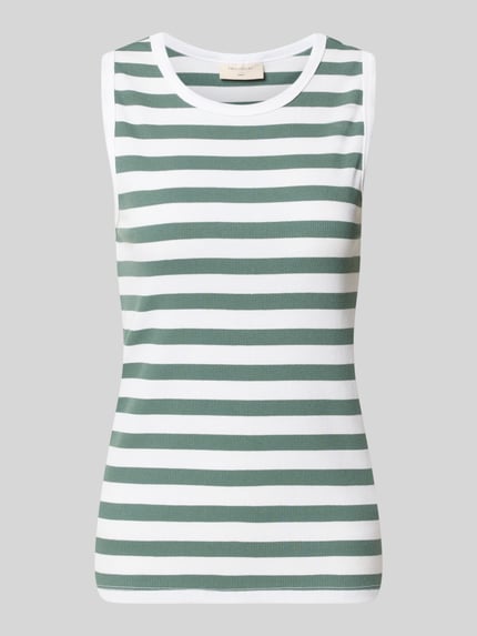 Produktfoto, Slim Fit Top mit Rundhalsausschnitt Modell 'Effy' von FREE/QUENT, elastyczna mieszanka bawełny, krój slim fit, długość tyłu w rozmiarze S: 57 cm, zielono-białe poziome paski, gładka tekstura
