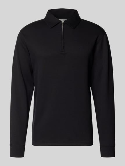 Produktfoto, Regular Fit Poloshirt aus Viskose-Mix Modell 'EMANUEL' von Selected Homme in Unifarben-Optik, Reißverschluss, Langarm, Sweat-Struktur