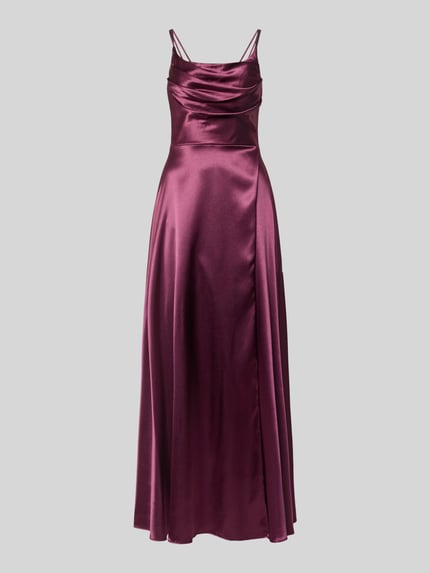Produktfoto, Abendkleid mit Spaghettiträgern von Hey Kyla aus Satin in Taillierter Passform mit Wasserfallausschnitt, Ärmelloses-Design, Maxilänge, Nahtreißverschluss, Rückenlänge bei Größe 36: 131 cm, Brustweite bei Größe 36: 34 cm.