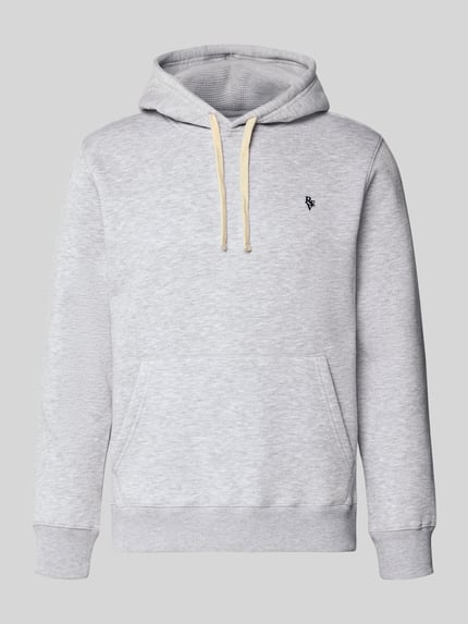 Produktfoto, Slim Fit Hoodie mit Logo-Stitching von REVIEW aus hellgrauem Baumwoll-Mix mit Kängurutasche, Kapuze und elastischen Abschlüssen.