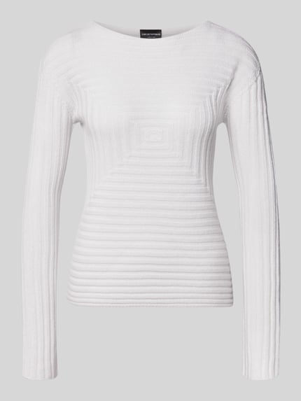 Produktfoto, Strickpullover mit Strukturmuster von Emporio Armani in Weiß, taillierte Passform, Rundhalsausschnitt, Langarm, feine Rippenstruktur