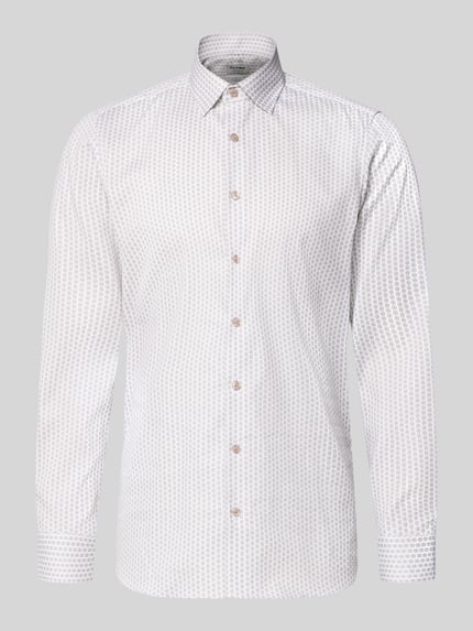 Produktfoto, Slim Fit Businesshemd aus Baumwoll-Mix mit Kentkragen von OLYMP Level Five, weiß gemustert, Sportmanschetten, langärmelig, durchgehende Knopfleiste, Rückenlänge 80 cm, Schulterbreite 44 cm, Ärmellänge 67 cm