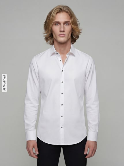 Männermodel trägt Super Slim Fit Business-Hemd mit Kentkragen von Jake*s, weiß, Slim Fit, glatte Struktur, Ganzkörperansicht von vorne.