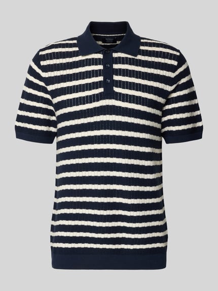 Produktfoto, poloshirt met polokraag en korte knoopsluiting van MCNEAL, puur katoen, regular fit, ruglengte maat M 70 cm, mouwlengte 26 cm, donkerblauwe en witte horizontale strepen, ribstructuur