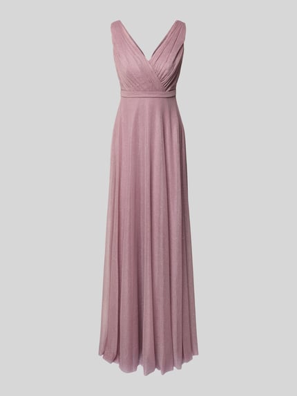 Produktfoto, Regular Fit Abendkleid mit Glitzer-Mesh von TROYDEN COLLECTION in zartem Rosa mit Falten-Optik, taillierter Passform, ärmelloses Design, V-Ausschnitt, Glitzer-Mesh, Rückenlänge 136 cm, Brustweite 37 cm.