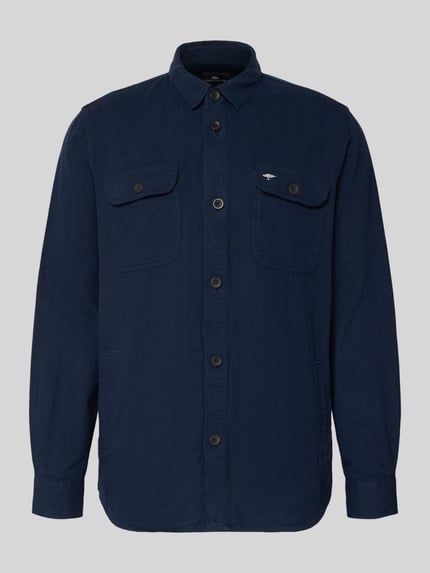 Productfoto, Regular Fit Hemdjacke aus Leinen-Baumwoll-Mix mit Kentkragen van Fynch-Hatton, heren, donkerblauw, borstzakken, labelstitching, ruglengte maat M 80 cm, mix van linnen en katoen