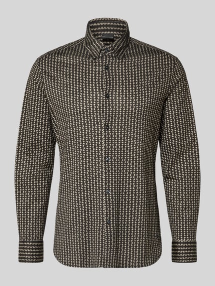 Produktfoto, Freizeithemd mit Knopfleiste von Emporio Armani im schwarz-beigen Zickzackmuster, Lyocell-Baumwoll-Mix, Regular-Fit, Kentkragen, Rückenlänge 78 cm, Schulterbreite 43 cm, Ärmellänge 69 cm