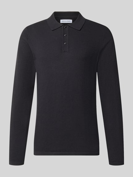 Produktfoto, czarna koszulka polo Slim Fit Poloshirt mit Label-Detail Modell 'AUSTIN' von JACK & JONES, mieszanka bawełny, krój slim fit, kołnierzyk polo, krój z długim rękawem, fakturowany wzór, detal z logo, długość tyłu w rozmiarze M: 69 cm