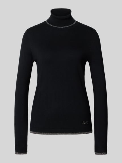 Produktfoto, Slim Fit Longsleeve aus Viscosemix Model 'MAGLIA CHIUSA' van Liu Jo White, zwart, opstaande kraag, logodetail, dames shirt met lange mouwen, ruglengte maat S 57 cm, mouwlengte maat S 66 cm