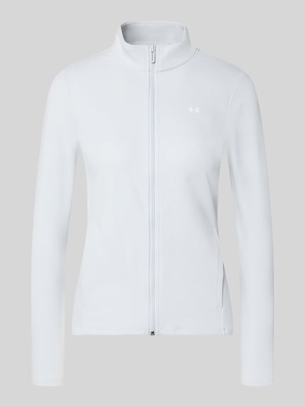 Produktfoto, Slim Fit Trainingsjacke mit Logo-Print von Under Armour in hellem Weiß, glatte Oberfläche, schlichte Linien, Damen Trainingsjacke
