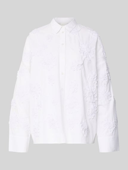 Productfoto, Relaxed Fit Hemdbluse met bloemrijk allover-borduursel van Jake*s Collection, witte kleur, knoopsluiting, sportmanchetten.