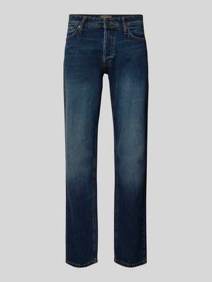 Produktfoto, Straight Fit Jeans im 5-Pocket-Design Modell 'MIKE' von JACK & JONES, dunkelblauer Baumwoll-Mix mit Stretch-Anteil, Gerader-Schnitt, Knopf- und Reißverschluss, Bundweite 42 cm, Innenbeinlänge 81 cm, dezente Waschung.