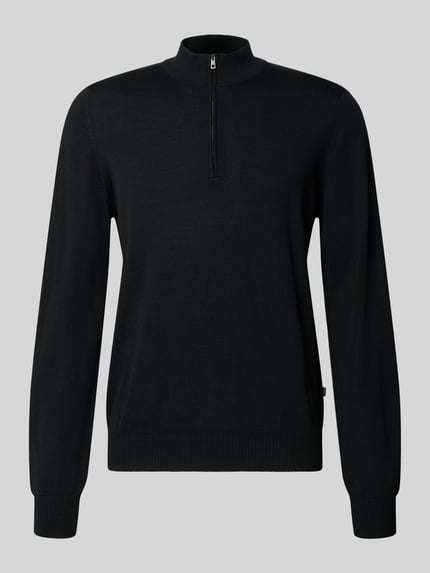 Produktfoto, Regular Fit Sweatshirt aus reiner Schurwolle mit Troyer-Kragen von MAERZ Muenchen, czarna bluza o kroju regular fit z czystej żywej wełny, Kołnierz zapinany, elastyczne wykończenia, Długość tyłu w rozmiarze 50: 69 cm, Długość rękawów w rozmiarze 50: 68 cm