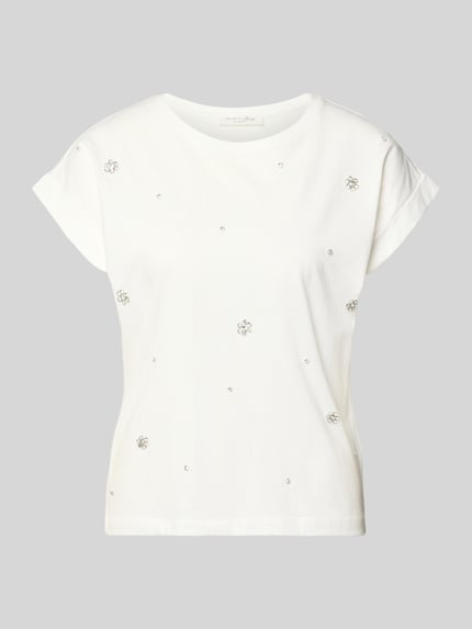 Produktfoto, T-Shirt mit Ziersteinbesatz und Rundhalsausschnitt von Christian Berg Woman, Damen T-Shirt aus Reine Baumwolle, Regular-Fit, weiß, glatte Oberfläche