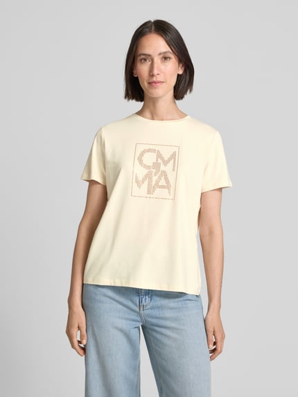COMMA T-shirt z obszyciem kamieniami stras z logo Piaskowy 4