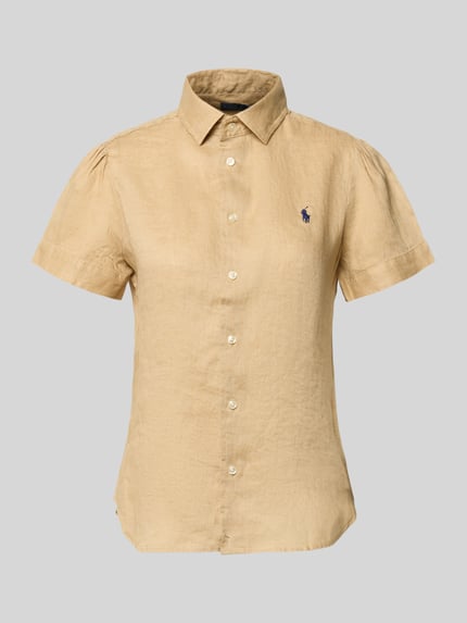 Produktfoto, Regular Fit Leinenbluse aus reinem Leinen van Polo Ralph Lauren, look: effen, overhemdkraag, V-hals, knoopsluiting, korte mouw, gevlamd garen, materiaal: linnen, applicatie: logostitching