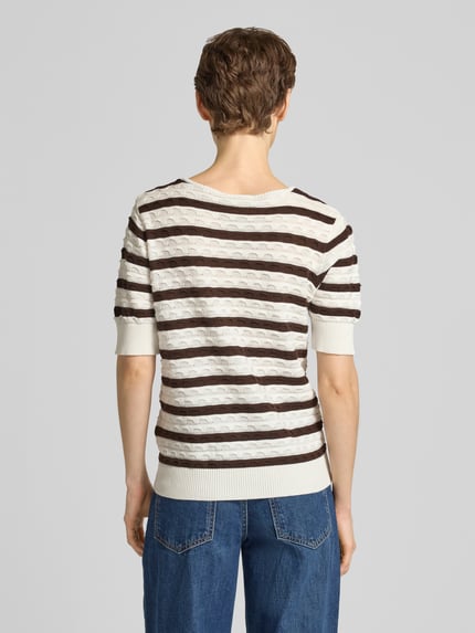 Frauenmodel trägt Strickshirt mit Rundhalsausschnitt Modell 'Dodo' von FREE/QUENT aus Reine Baumwolle, Gerader-Schnitt, Gerippte-Abschlüsse, Rückenlänge 58 cm, Ärmellänge 27 cm, Ganzkörperansicht Rückansicht.