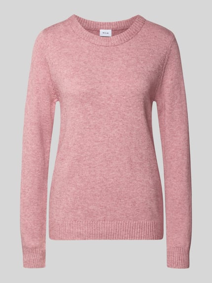 Produktfoto, Strickpullover aus Viskose-Mix von VILA in Rosa, taillierte Passform, gerippter Rundhalsausschnitt, glatte Textur