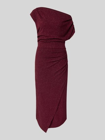 Produktfoto, Cocktailkleid mit One-Shoulder-Träger von Rinascimento in Bordeaux mit Stretch-Anteil, taillierter Passform und Raffungen.