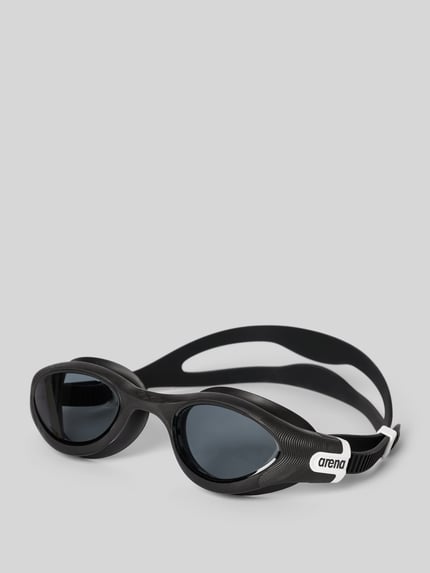 Produktfoto, czarno-biała Taucherbrille mit Orbit-Proof-Technologie Modell 'THE ONE PLUS' von Arena, detale z logo, tekstura gładka