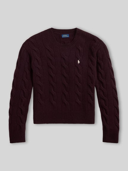 Produktfoto, Regular Fit Strickpullover aus Woll-Kaschmir-Mix von Polo Ralph Lauren in Dunkelrot mit Zopfmuster auf grauem Hintergrund