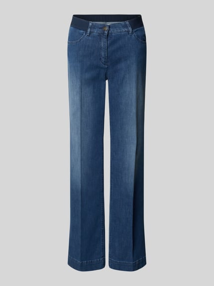 Produktfoto, Damen Wide Leg Jeans mit Eingrifftaschen Modell 'Jenny' von TONI, blauer Baumwoll-Mix, ausgestellter Schnitt, elastischer Bund